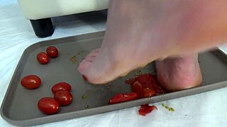 i crush tomatoes under my feet in the kitchen