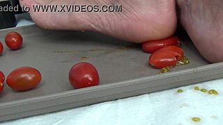 i crush tomatoes under my feet in the kitchen