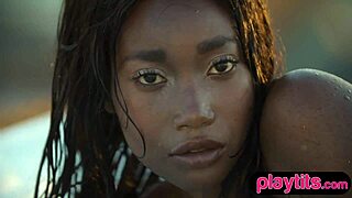 petite ebony milf strips down in the pool, showing off her juicy tits