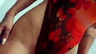 brazilian milf with tattoos seduces for a delicious handjob, feeling the big cock on her big tits