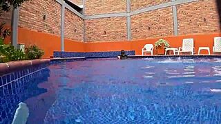 Woman surprised while relaxing in the pool water