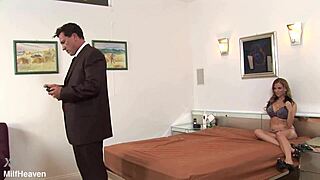 blonde in fishnets and heels bends over for deepthroat blowjob and intense fingering on bed