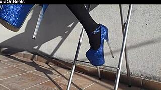 Petite girl in denim shorts and black tights