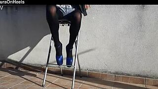 Petite girl in denim shorts and black tights