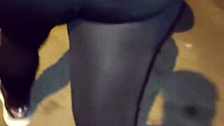 madura culona shows off big ass in see-through leggings outdoors for public flashing.