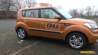 Why does this cock starved busty brunette demand cock in her wet pussy during fake driving school?