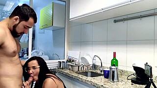 Adorable brunette MILF enjoys blowjob and homemade sex in kitchen with cum treat