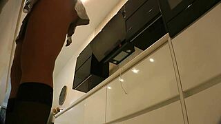 big boobs blonde hot housewife wanders in kitchen at home without panties