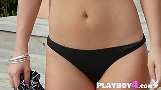 Petite milf strips lingerie to reveal natural tits and pussy outdoors