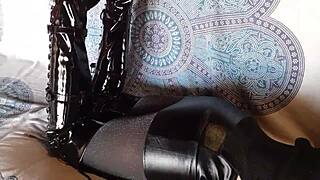 Total Black Outfit With Fishnets Pantyhose And Boots Over The Knee On Petite Brunette