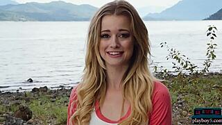 Petite blonde milf from canada strips nude outdoor showing bombshell body for playboy centerfold