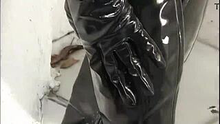 Blonde cougar Nicole Sheridan takes leather dressed anal fucking with cumshot facial.