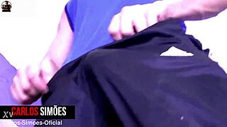 Athletic Brazilian babe with tattoos and tan lines boldly rides thick big cock in lingerie as muscular girlfriend licks and kisses in homemade dorm scene