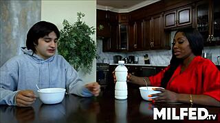 Busty ebony stepmom rides me wildly next to pa!