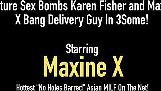 Mature Sex Bombs Karen Fisher and Maxine X Take on Delivery Guy with Big Black Cock in Interracial Threesome Featuring Blowjob Face Sitting and Pussy Licking.