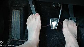 German Mature Woman Pumps Toes Close Up in Car with Pantyhose
