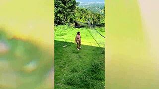 Horny milf Enm Diamond gives deepthroat blowjob outdoors then rides big black cock