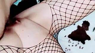 Mature skinny woman teams up with muscular man to film amateur porno, focusing on her natural tits in pov style.