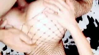 Mature skinny woman teams up with muscular man to film amateur porno, focusing on her natural tits in pov style.