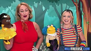 Blonde milf and teen get free used in wild threesome on sesame street movie set