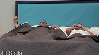 stepdaughter and stepdad share hotel bed for taboo cowgirl riding. milf stella joins in juicy shaved pussy action as girl next door submits.