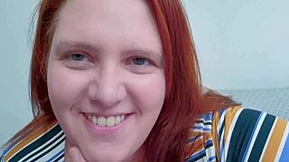 Chubby hotwife ruiva performs deepthroat blowjob and squirts from shaved pussy.