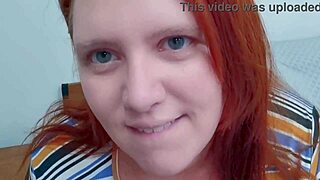 Chubby hotwife ruiva performs deepthroat blowjob and squirts from shaved pussy.
