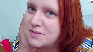 Chubby hotwife ruiva performs deepthroat blowjob and squirts from shaved pussy.