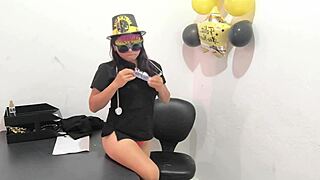 Hey, check out this hot office worker prepping her anal plug to tease those horny buttocks.