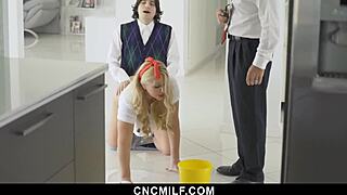 Thick bbw stepmom bends over for petite stepson doggystyle fuck and blowjob in threesome