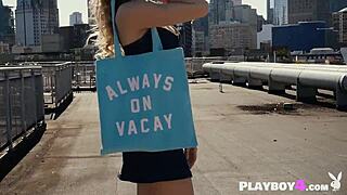 Petite blonde milf undresses in detailed outdoor striptease with solo dancing