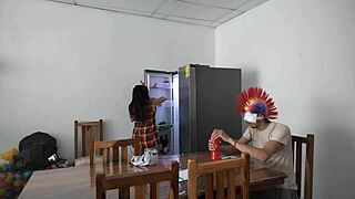 Intriguing a housemaid touches her body very sensually and flirts with a dildo while feeding a blind man