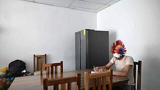 Intriguing a housemaid touches her body very sensually and flirts with a dildo while feeding a blind man