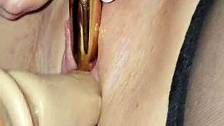 Wife Takes Big Cock Dildo Deep in Shaved Pussy with Cum