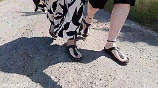 barfuß in birkenstocks in der natur says mature european in outdoor fetish