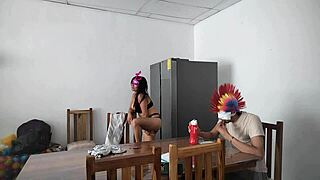 Intriguing a housemaid touches her body very sensually and flirts with a dildo while feeding a blind man