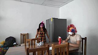 Intriguing a housemaid touches her body very sensually and flirts with a dildo while feeding a blind man