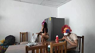 Intriguing a housemaid touches her body very sensually and flirts with a dildo while feeding a blind man