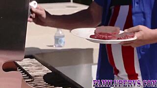 Milf and teen 18+ sucking hard rod and getting fucked rough at stepfamily bbq outdoors.