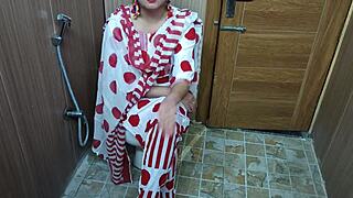 Indian teen stepson sneaks up on stepmom changing in toilet for deepthroat blowjob and cowgirl riding sex