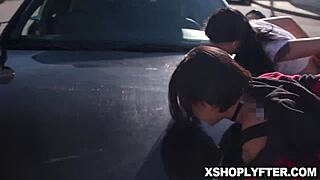 hey, check out how this lp officer pulls out his cock and those two teen shoplifters start sucking it together