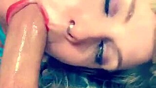 Close up deepthroat blowjob with sloppy sucking and spitting on big monster cock.