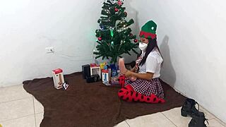 mature student gets christmas presents masturbating clitoris with dildo under spotlights as nice slut in real homemade old student porn