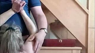 amateur french milf in bondage and handcuffs gets facial cumshot after outdoor blowjob. exhibitionist slut endures humiliation with dirty talk and slapping in public.