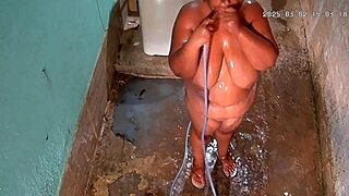 Hidden camera catches milf stepmom bathing then flashing big natural tits in private yard