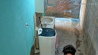 Hidden camera catches milf stepmom bathing then flashing big natural tits in private yard