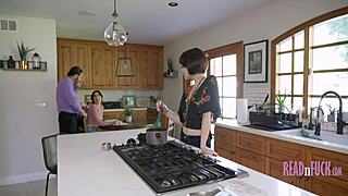 Woman cooks while getting dick girl studies while sucking dick