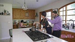 Woman cooks while getting dick girl studies while sucking dick