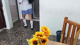 Fake Student In Sexy Short Skirt Masturbates At Home With Dildo - Her Tits Look So Inflated!