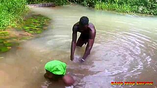 Asian milf rides big black cock outdoors in cowgirl then takes doggystyle creampie cumshot.